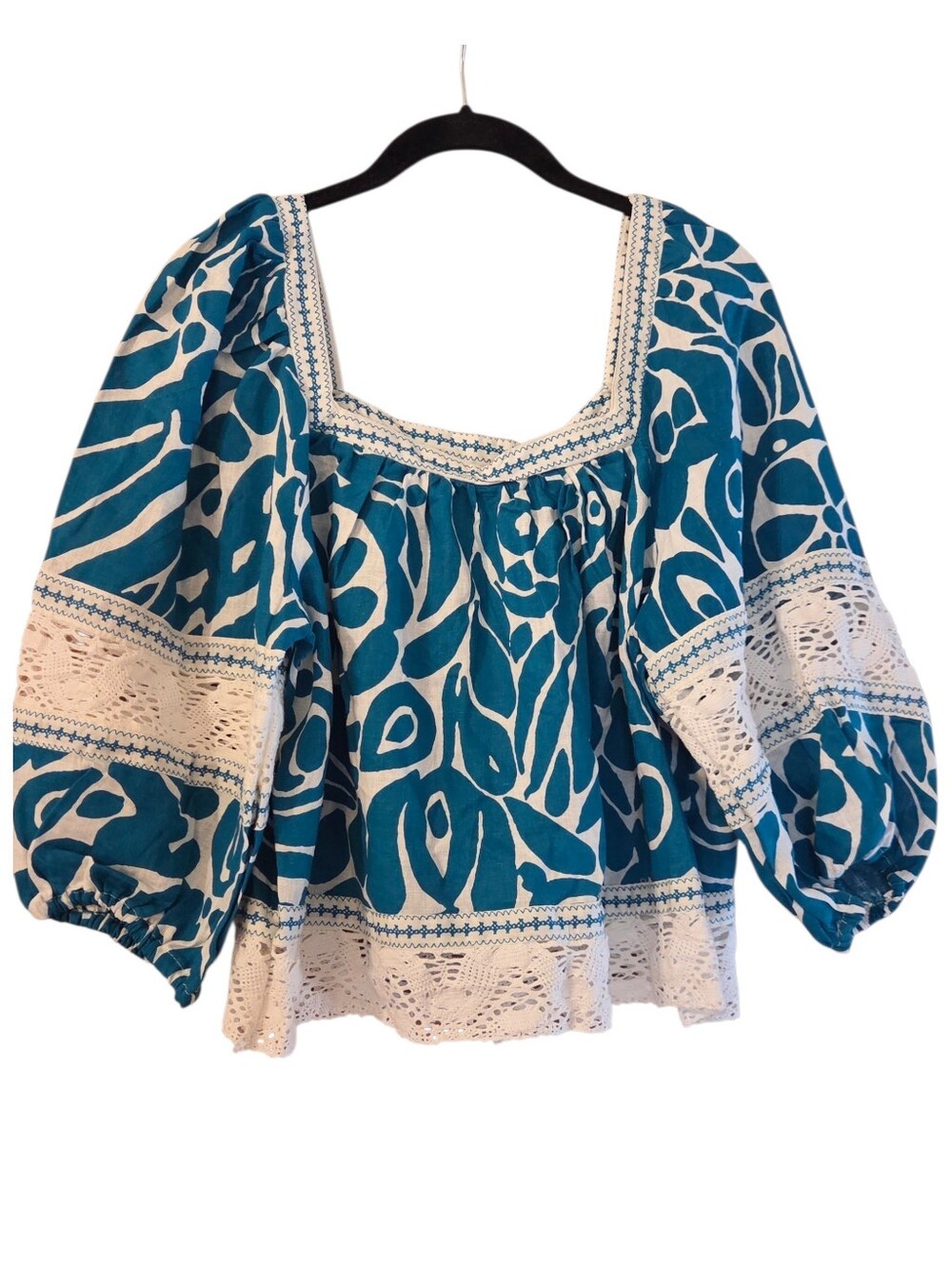 Rachel Zoe Boho Peasant Crochet Blue White CropTop Linen Blend Size Medium NWT